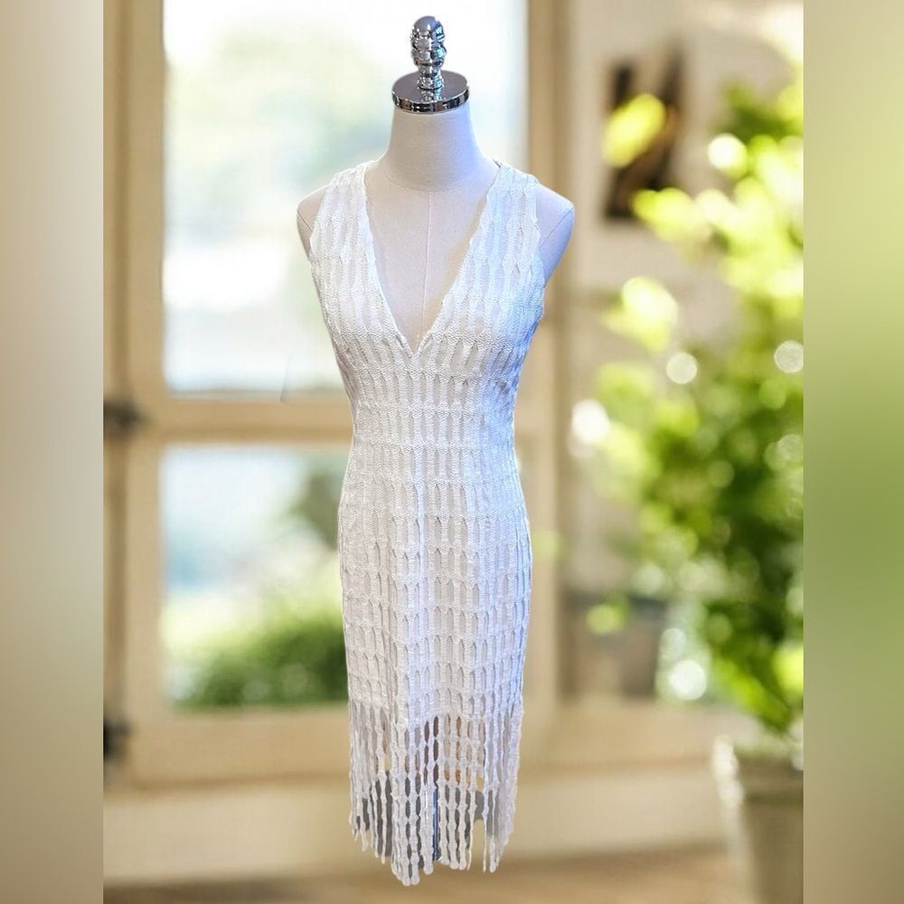 NWT Monique Lhuillier Embroidered Fringe Midi Cocktail Dress - Picture 4 of 16
